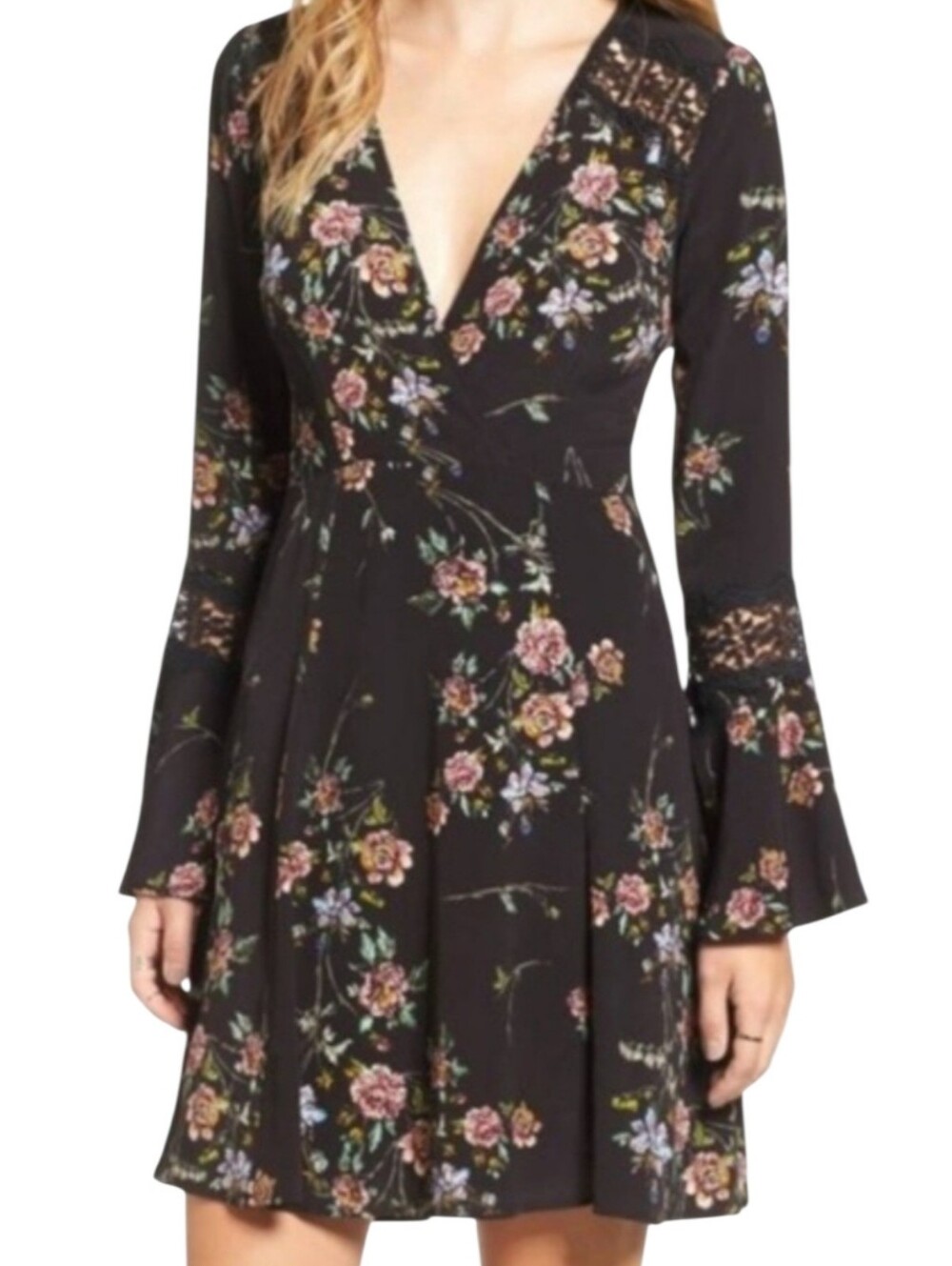 NWT‎ ASTR the Label Black Floral Lace Inset Bohemian Dress Size Medium
